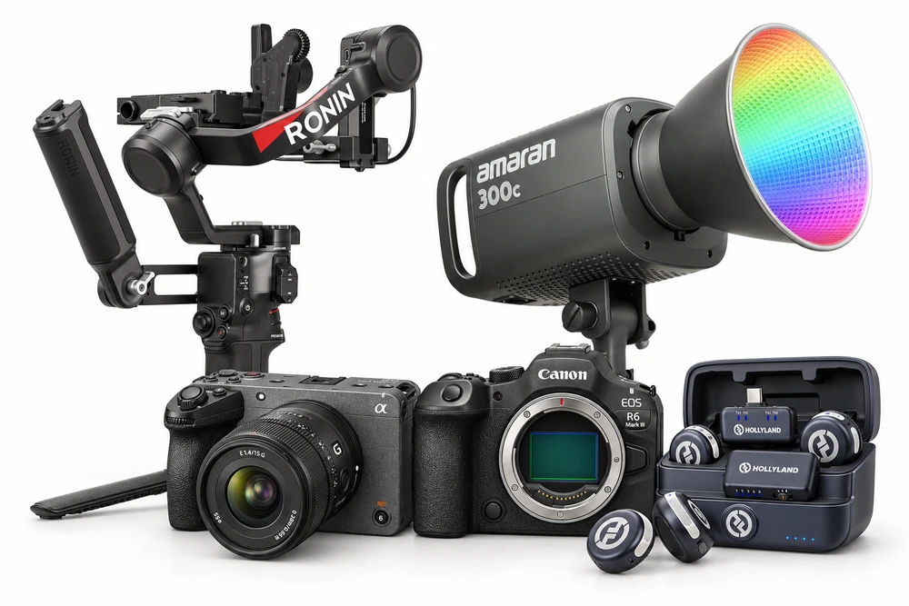 Câmeras Sony e Canon, estabilizador Ronin, luz Amaran e microfones Hollyland