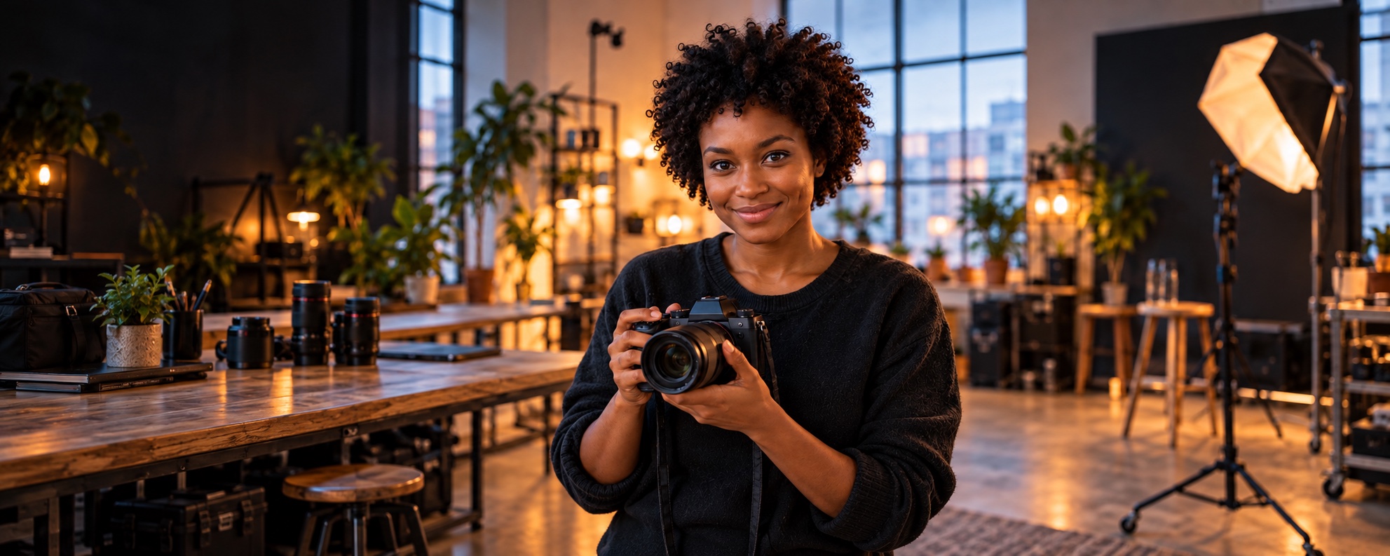 Fotógrafa sorrindo e segurando uma câmera